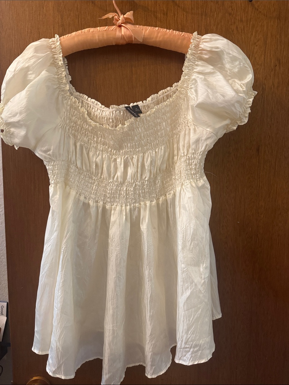 Essentials by Milano Cream Smocked Puff Sleeve Peasant Top